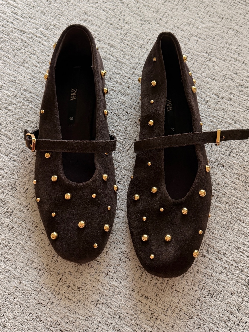 Zara Black Suede Mary Jane Flats with Gold Studs